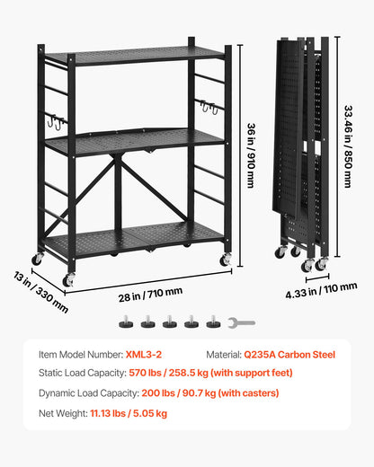 3-Tier Foldable Storage Shelf, 28W x 13D x 36H Inch Folding Metal Rack Shelving Unit, No Assembly Organizer Shelf with 5 Wheels & 4 Hooks for Pantry, Kitchen, Garage, Basement, Black