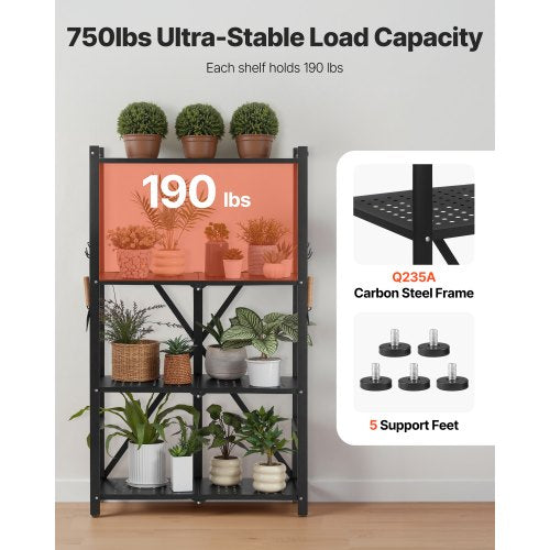 4-Tier Foldable Storage Shelf with Wheels 26 x 13 x 46 Inch Metal Shelf