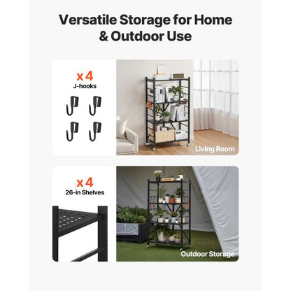 4-Tier Foldable Storage Shelf with Wheels 26 x 13 x 46 Inch Metal Shelf