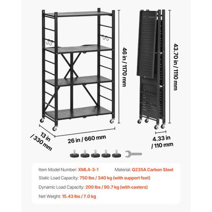 4-Tier Foldable Storage Shelf with Wheels 26 x 13 x 46 Inch Metal Shelf