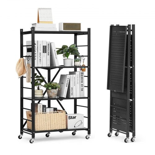 4-Tier Foldable Storage Shelf with Wheels 26 x 13 x 46 Inch Metal Shelf