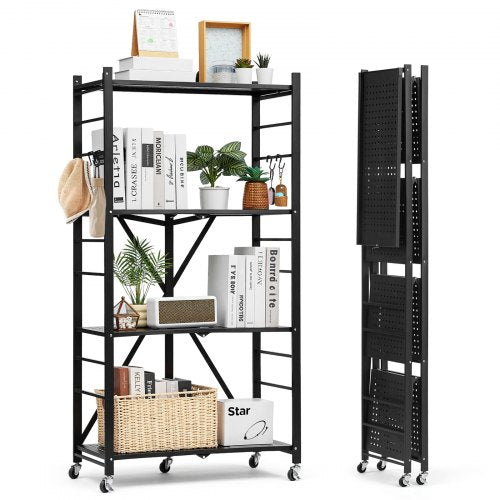 4-Tier Foldable Storage Shelf, 28W x 13D x 54H Inch Folding Metal Rack Shelving Unit, No Assembly Organizer Shelf with 5 Wheels & 4 Hooks for Pantry, Kitchen, Garage, Basement, Black