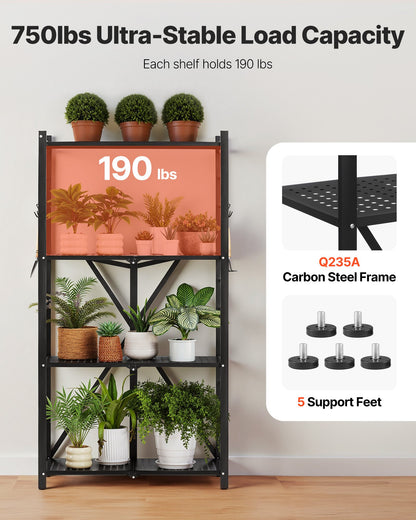 4-Tier Foldable Storage Shelf, 28W x 13D x 54H Inch Folding Metal Rack Shelving Unit, No Assembly Organizer Shelf with 5 Wheels & 4 Hooks for Pantry, Kitchen, Garage, Basement, Black