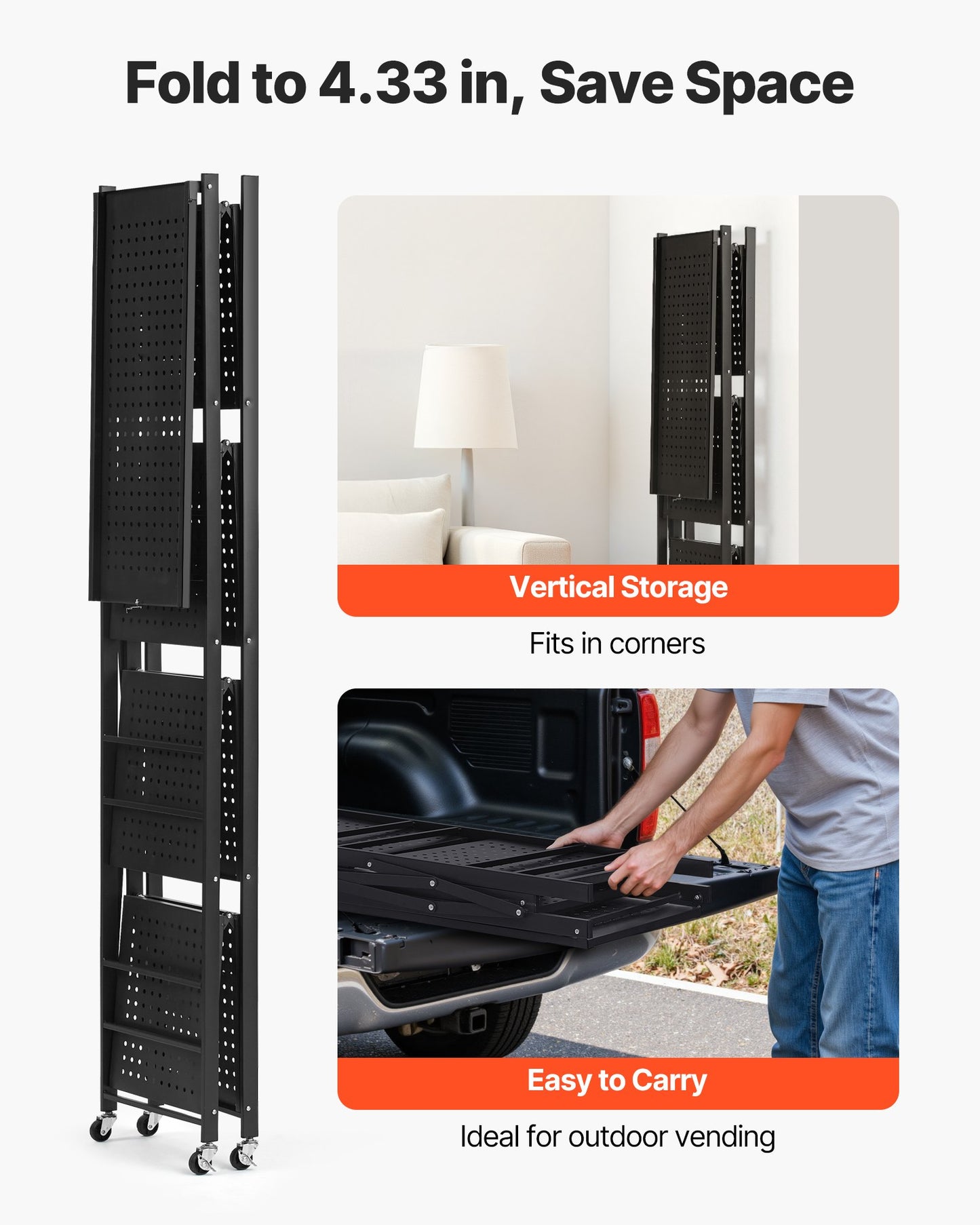 4-Tier Foldable Storage Shelf, 28W x 13D x 54H Inch Folding Metal Rack Shelving Unit, No Assembly Organizer Shelf with 5 Wheels & 4 Hooks for Pantry, Kitchen, Garage, Basement, Black