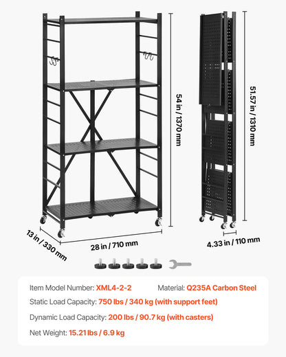 4-Tier Foldable Storage Shelf, 28W x 13D x 54H Inch Folding Metal Rack Shelving Unit, No Assembly Organizer Shelf with 5 Wheels & 4 Hooks for Pantry, Kitchen, Garage, Basement, Black