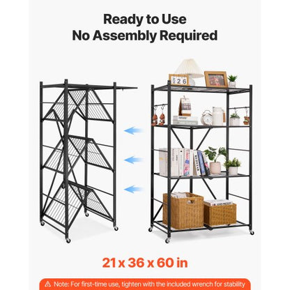 Foldable storage shelf with wheels 4 tiers, no assembly, black