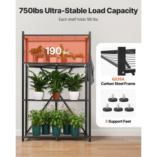 Foldable storage shelf with wheels 4 tiers, no assembly, black