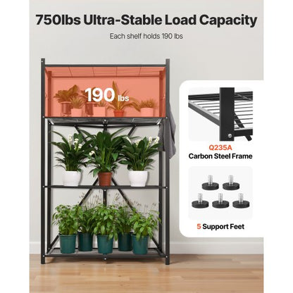 Foldable storage shelf with wheels 4 tiers, no assembly, black