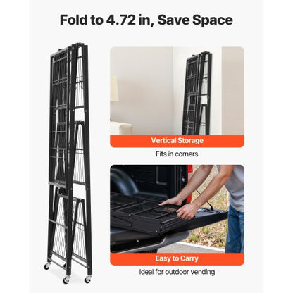 Foldable storage shelf with wheels 4 tiers, no assembly, black