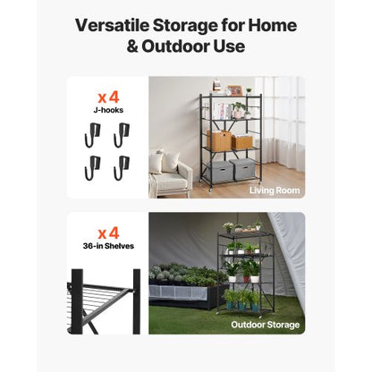 Foldable storage shelf with wheels 4 tiers, no assembly, black