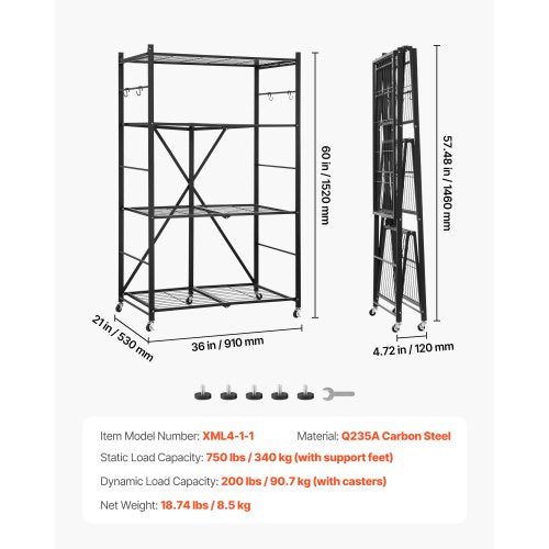 Foldable storage shelf with wheels 4 tiers, no assembly, black