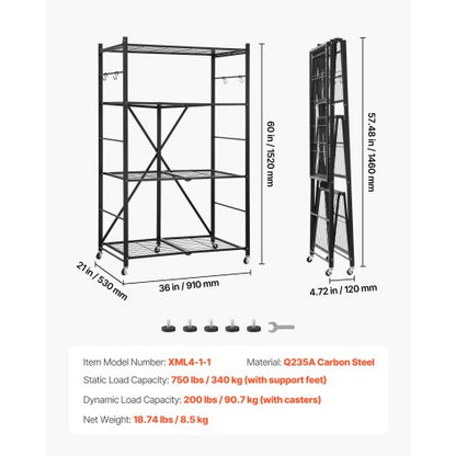 Foldable storage shelf with wheels 4 tiers, no assembly, black