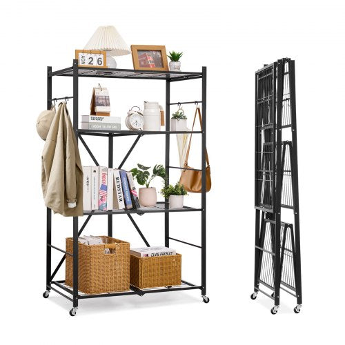 Foldable storage shelf with wheels 4 tiers, no assembly, black