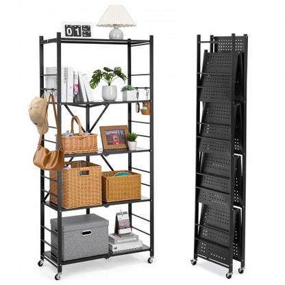 5-Tier Foldable Storage Shelf, 32W x 14D x 72H Inch Folding Metal Rack Shelving Unit, No Assembly Organizer Shelf with 5 Wheels & 4 Hooks for Pantry, Kitchen, Garage, Basement, Black