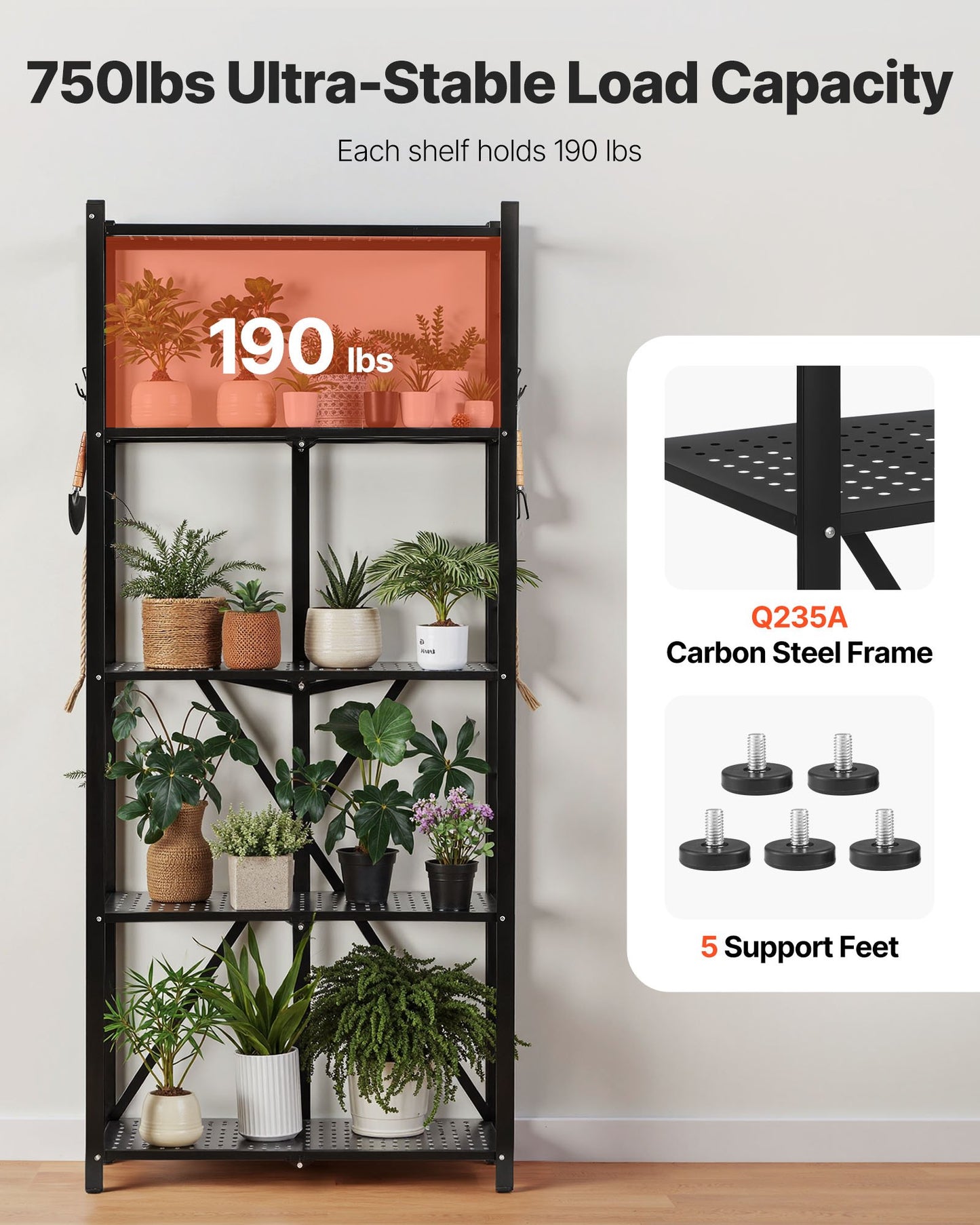 5-Tier Foldable Storage Shelf, 28W x 13D x 66H Inch Folding Metal Rack Shelving Unit, No Assembly Organizer Shelf with 5 Wheels & 4 Hooks for Pantry, Kitchen, Garage, Basement, Black