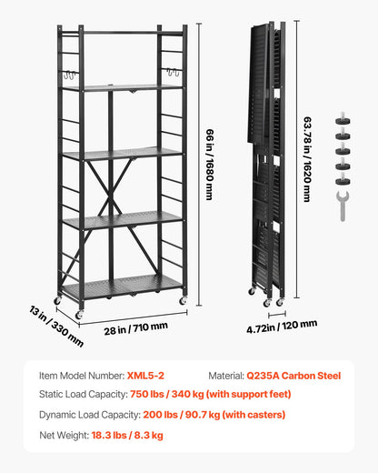 5-Tier Foldable Storage Shelf, 28W x 13D x 66H Inch Folding Metal Rack Shelving Unit, No Assembly Organizer Shelf with 5 Wheels & 4 Hooks for Pantry, Kitchen, Garage, Basement, Black