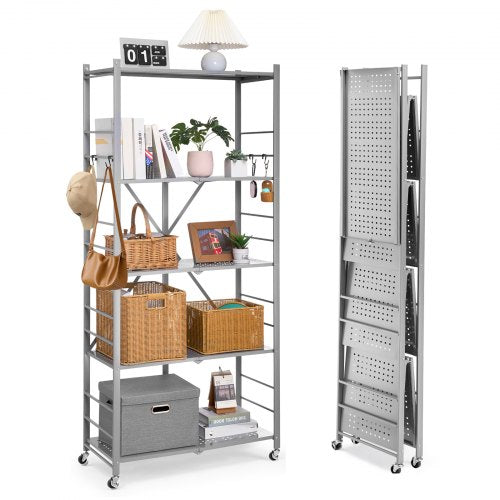 5-Tier Foldable Storage Shelf, 32W x 14D x 72H Inch Folding Metal Rack Shelving Unit, No Assembly Organizer Shelf with 5 Wheels & 4 Hooks for Pantry, Kitchen, Garage, Basement, Grey