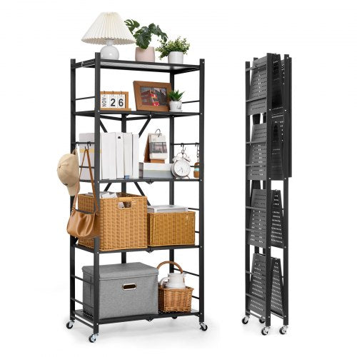 5-Tier Foldable Storage Shelf, 28W x 15D x 64H Inch Folding Metal Rack Shelving Unit, No Assembly Organizer Shelf with 5 Wheels & 4 Hooks for Pantry, Kitchen, Garage, Basement, Black