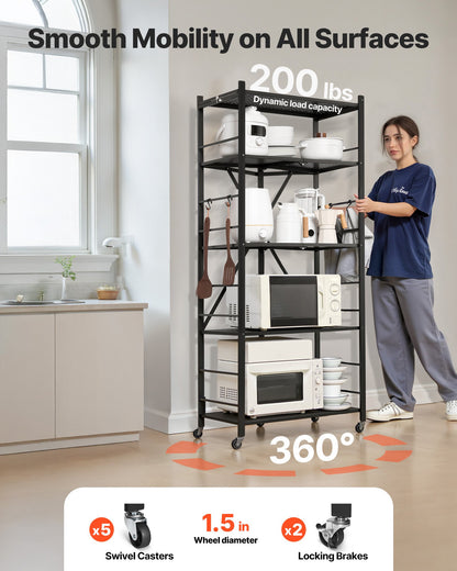 5-Tier Foldable Storage Shelf, 28W x 15D x 64H Inch Folding Metal Rack Shelving Unit, No Assembly Organizer Shelf with 5 Wheels & 4 Hooks for Pantry, Kitchen, Garage, Basement, Black
