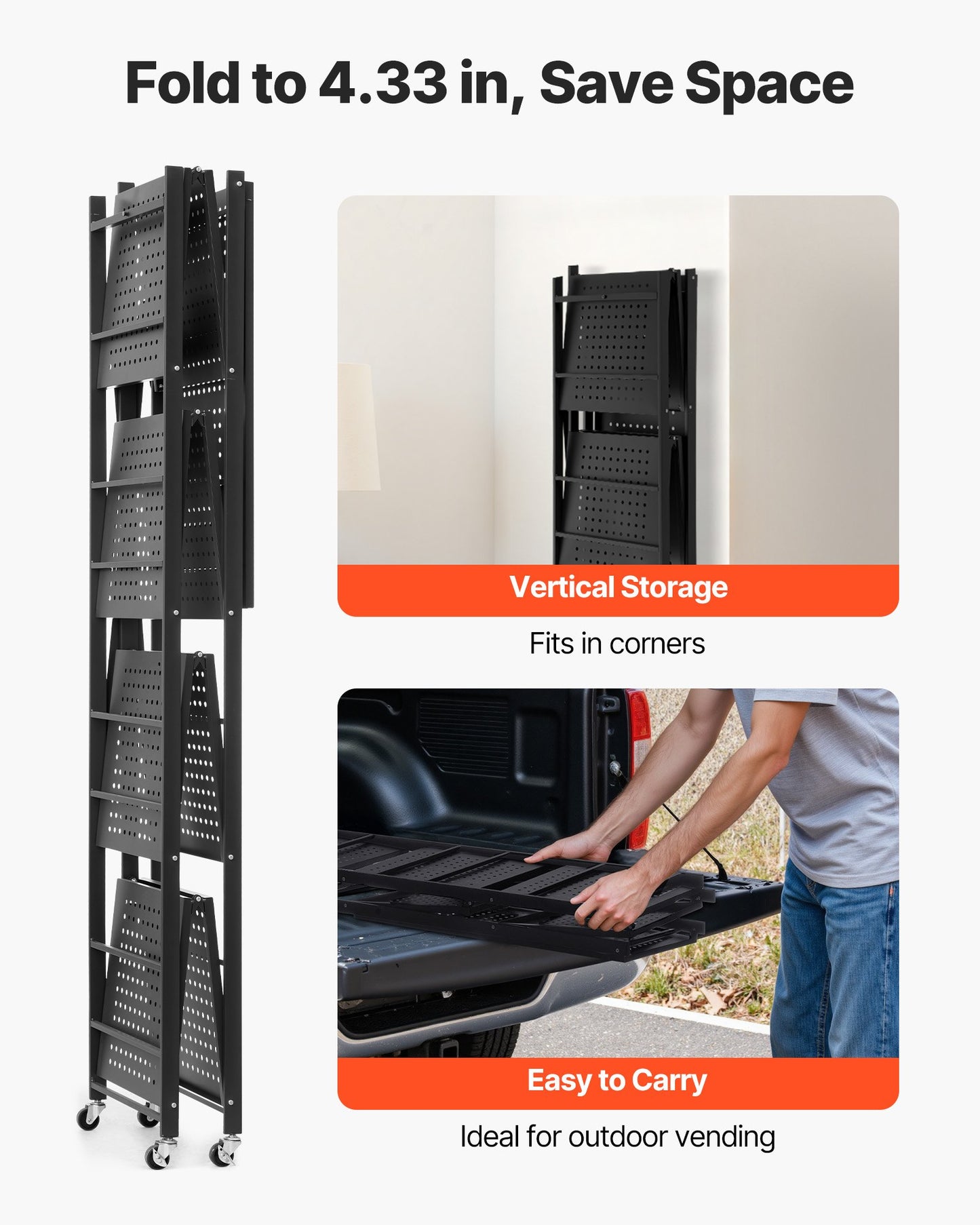 5-Tier Foldable Storage Shelf, 28W x 15D x 64H Inch Folding Metal Rack Shelving Unit, No Assembly Organizer Shelf with 5 Wheels & 4 Hooks for Pantry, Kitchen, Garage, Basement, Black