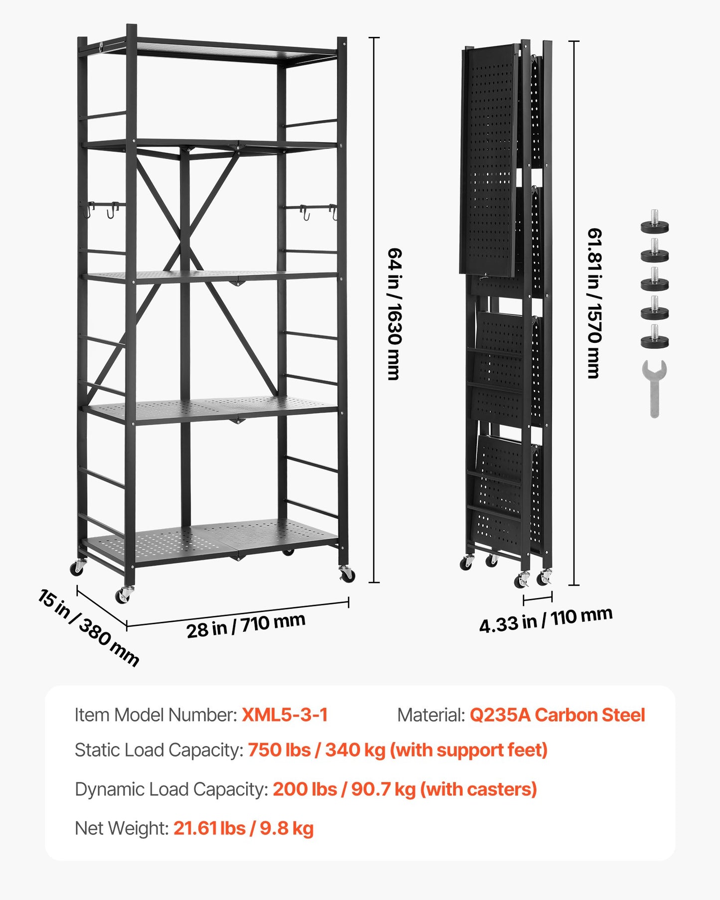 5-Tier Foldable Storage Shelf, 28W x 15D x 64H Inch Folding Metal Rack Shelving Unit, No Assembly Organizer Shelf with 5 Wheels & 4 Hooks for Pantry, Kitchen, Garage, Basement, Black