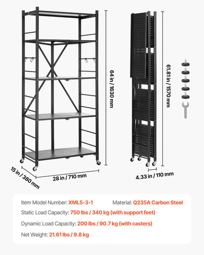 5-Tier Foldable Storage Shelf, 28W x 15D x 64H Inch Folding Metal Rack Shelving Unit, No Assembly Organizer Shelf with 5 Wheels & 4 Hooks for Pantry, Kitchen, Garage, Basement, Black
