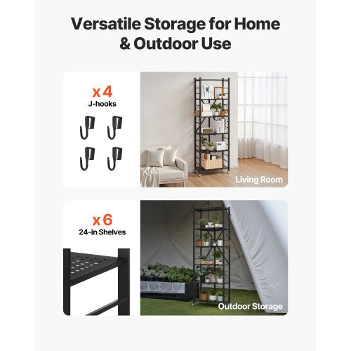 6-Tier Foldable Storage Shelf with Wheels 24 x 12 x 72 Inch Metal Shelf
