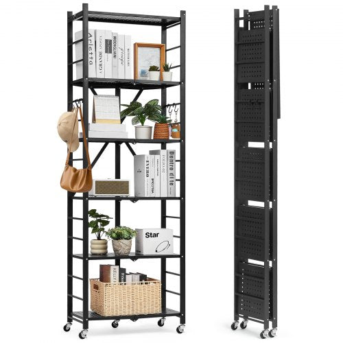 6-Tier Foldable Storage Shelf, 24W x 12D x 72H Inch Folding Metal Rack Shelving Unit, No Assembly Organizer Shelf with 5 Wheels & 4 Hooks for Pantry, Kitchen, Garage, Basement, Black