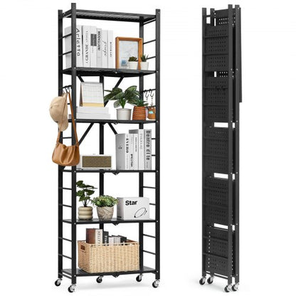 6-Tier Foldable Storage Shelf, 24W x 12D x 72H Inch Folding Metal Rack Shelving Unit, No Assembly Organizer Shelf with 5 Wheels & 4 Hooks for Pantry, Kitchen, Garage, Basement, Black