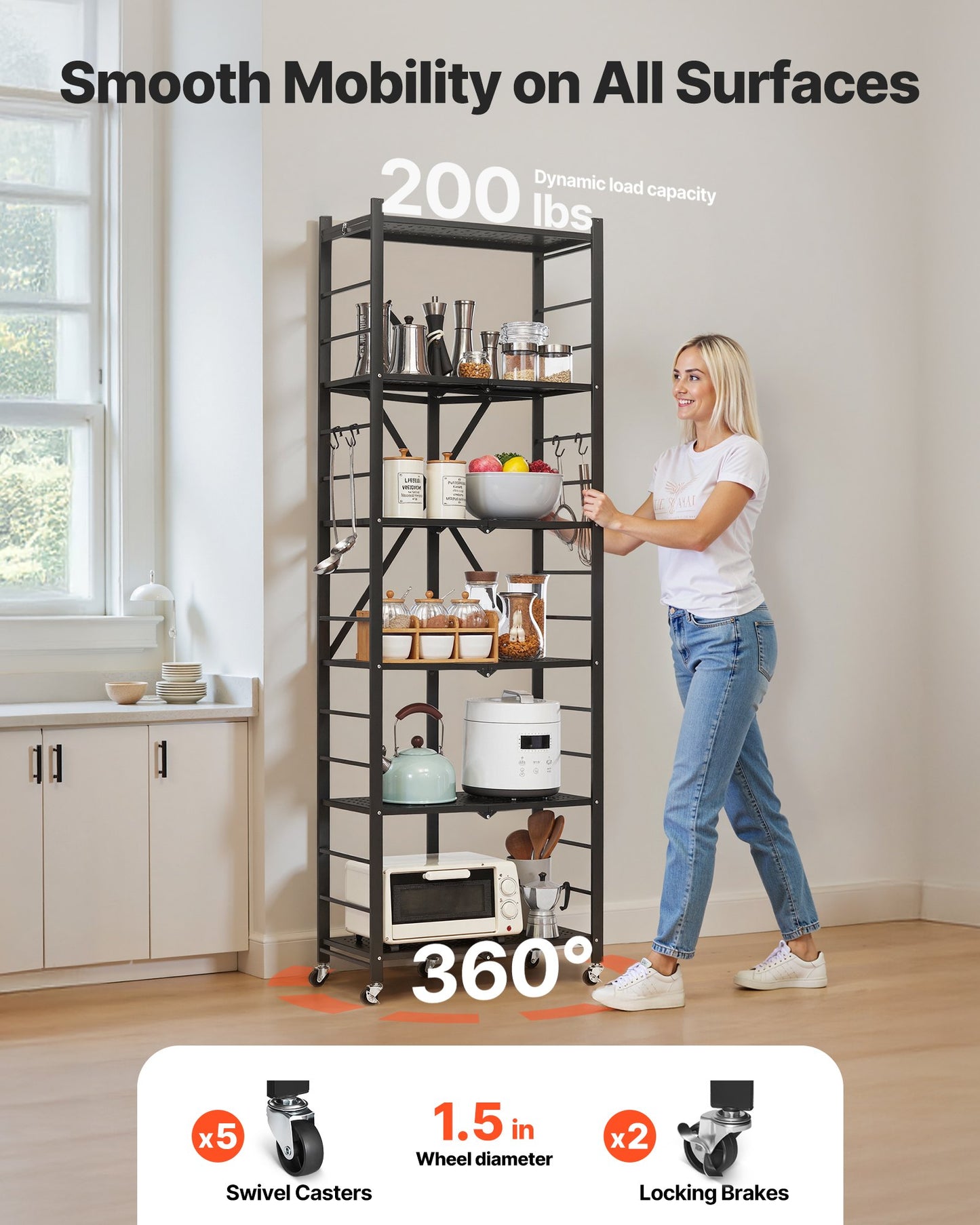 6-Tier Foldable Storage Shelf, 24W x 12D x 72H Inch Folding Metal Rack Shelving Unit, No Assembly Organizer Shelf with 5 Wheels & 4 Hooks for Pantry, Kitchen, Garage, Basement, Black