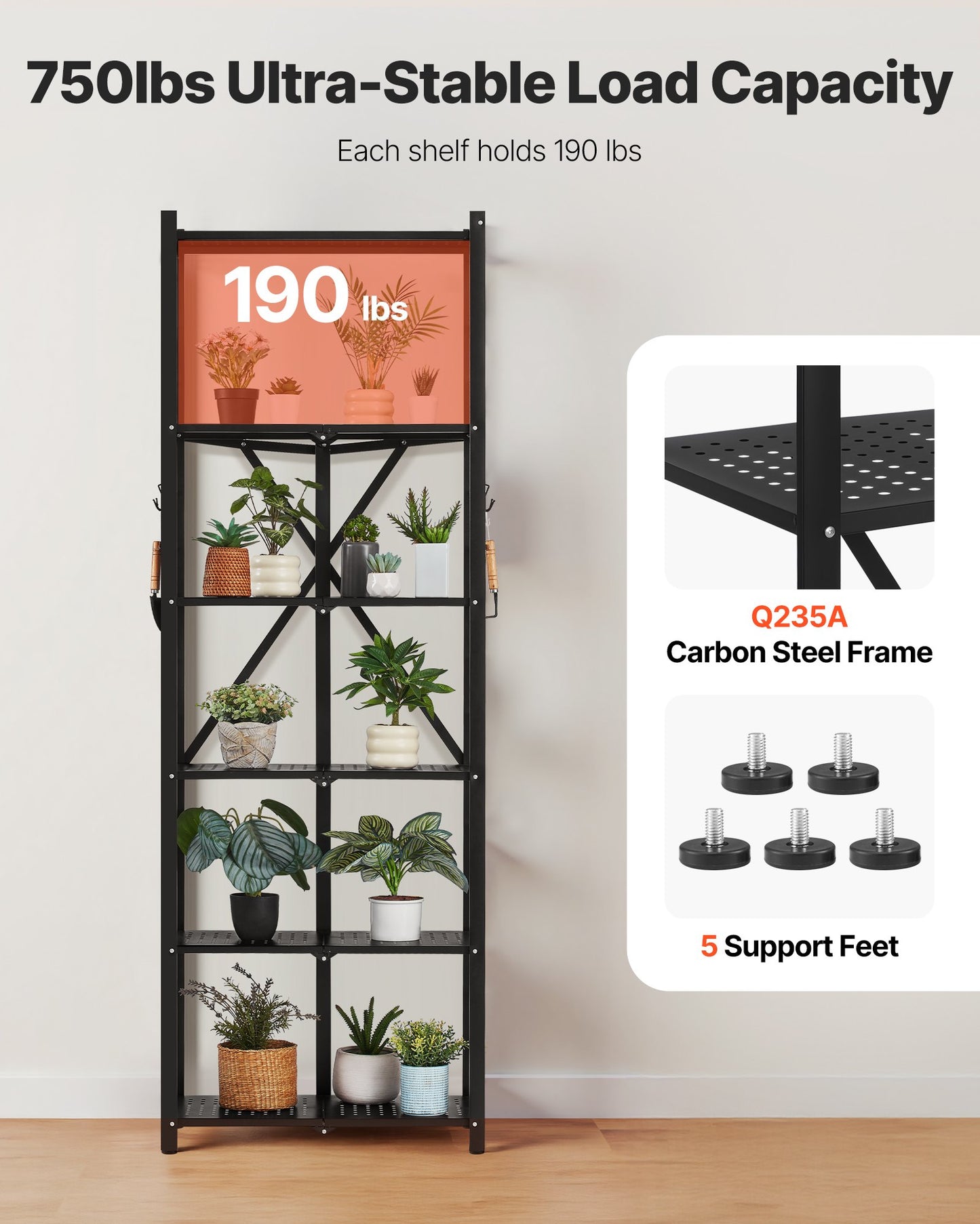 6-Tier Foldable Storage Shelf, 24W x 12D x 72H Inch Folding Metal Rack Shelving Unit, No Assembly Organizer Shelf with 5 Wheels & 4 Hooks for Pantry, Kitchen, Garage, Basement, Black