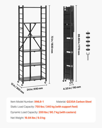 6-Tier Foldable Storage Shelf, 24W x 12D x 72H Inch Folding Metal Rack Shelving Unit, No Assembly Organizer Shelf with 5 Wheels & 4 Hooks for Pantry, Kitchen, Garage, Basement, Black