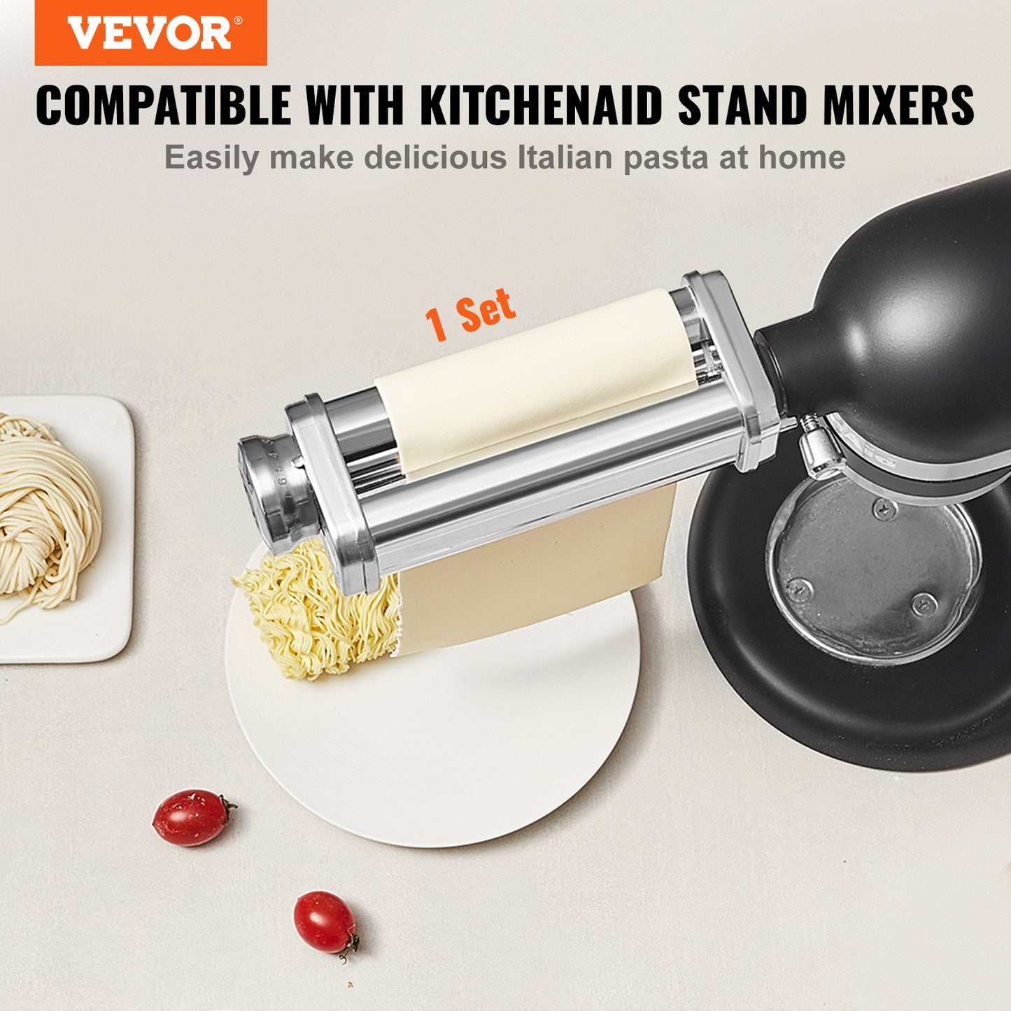 Pasta accessories for KitchenAid stand mixers, stainless steel pasta sheet roller accessories, pasta machine accessories with 8 adjustable thickness dials, KitchenAid pasta accessories from