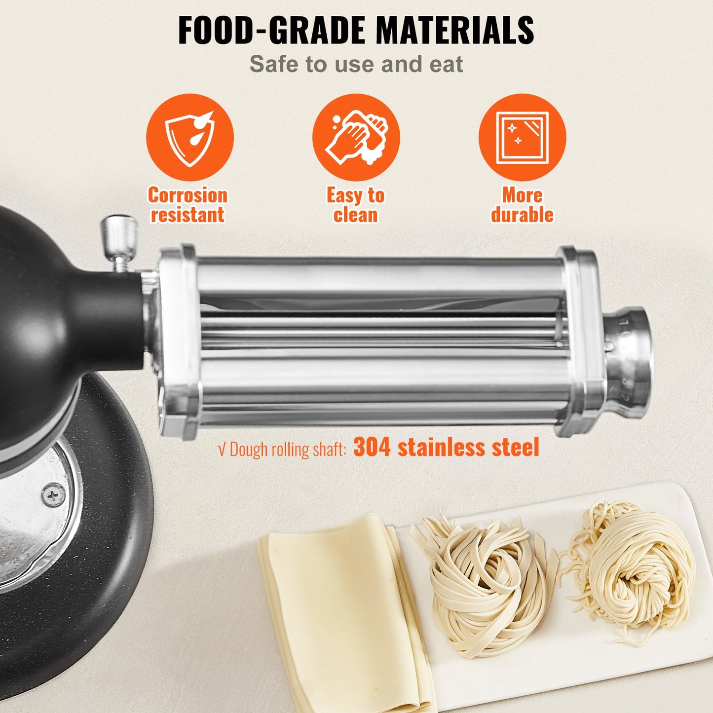 Pasta accessories for KitchenAid stand mixers, stainless steel pasta sheet roller accessories, pasta machine accessories with 8 adjustable thickness dials, KitchenAid pasta accessories from