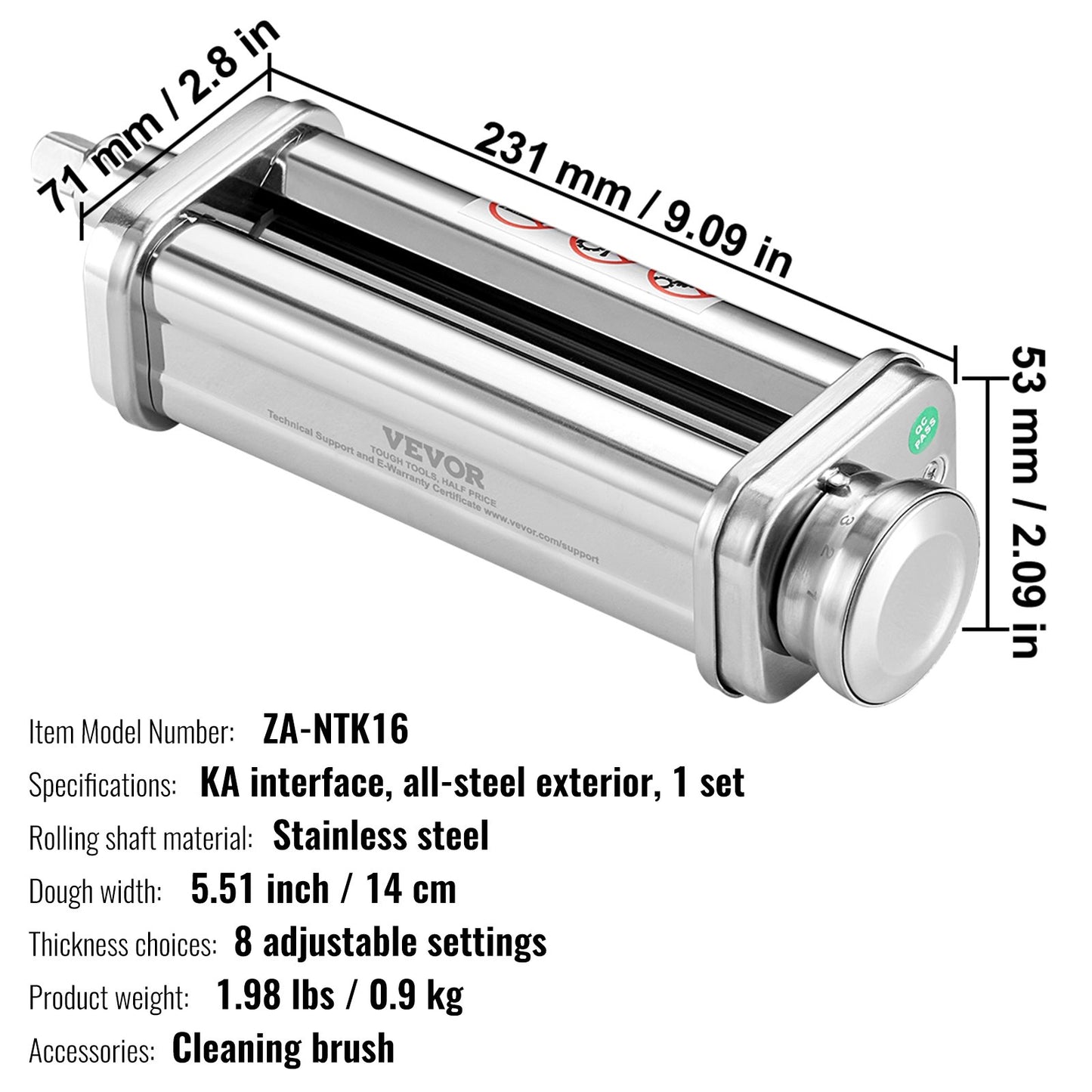 Pasta accessories for KitchenAid stand mixers, stainless steel pasta sheet roller accessories, pasta machine accessories with 8 adjustable thickness dials, KitchenAid pasta accessories from
