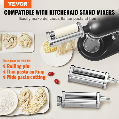 Pasta Accessories for KitchenAid Stand Mixer, Stainless Steel Pasta Roller Cutter Set Including Pasta Roller Roller, Spaghetti and Fettuccine Cutter, 8 Adjustable Thickness Knob Pasta Maker, 3pcs