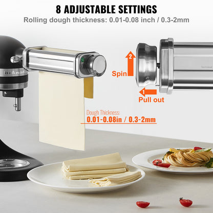 Pasta Accessories for KitchenAid Stand Mixer, Stainless Steel Pasta Roller Cutter Set Including Pasta Roller Roller, Spaghetti and Fettuccine Cutter, 8 Adjustable Thickness Knob Pasta Maker, 3pcs