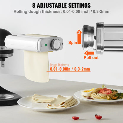 Pasta Accessories for KitchenAid Stand Mixer, 3-In-1 Stainless Steel Pasta Roller Cutter Set Including Pasta Roller Roller, Spaghetti and Fettuccine Cutter, 8 Adjustable Thickness Knob Pasta Maker