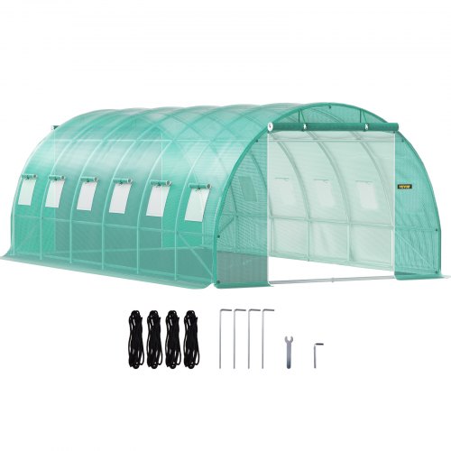 Walk-in Tunnel Greenhouse, 20 x 10 x 7 ft Portable Plant Hot House with Galvanized Steel Hoops, 3 Top Beams, Diagonal Poles, 2 Zippered Doors & 12 Roll-up Windows, Green