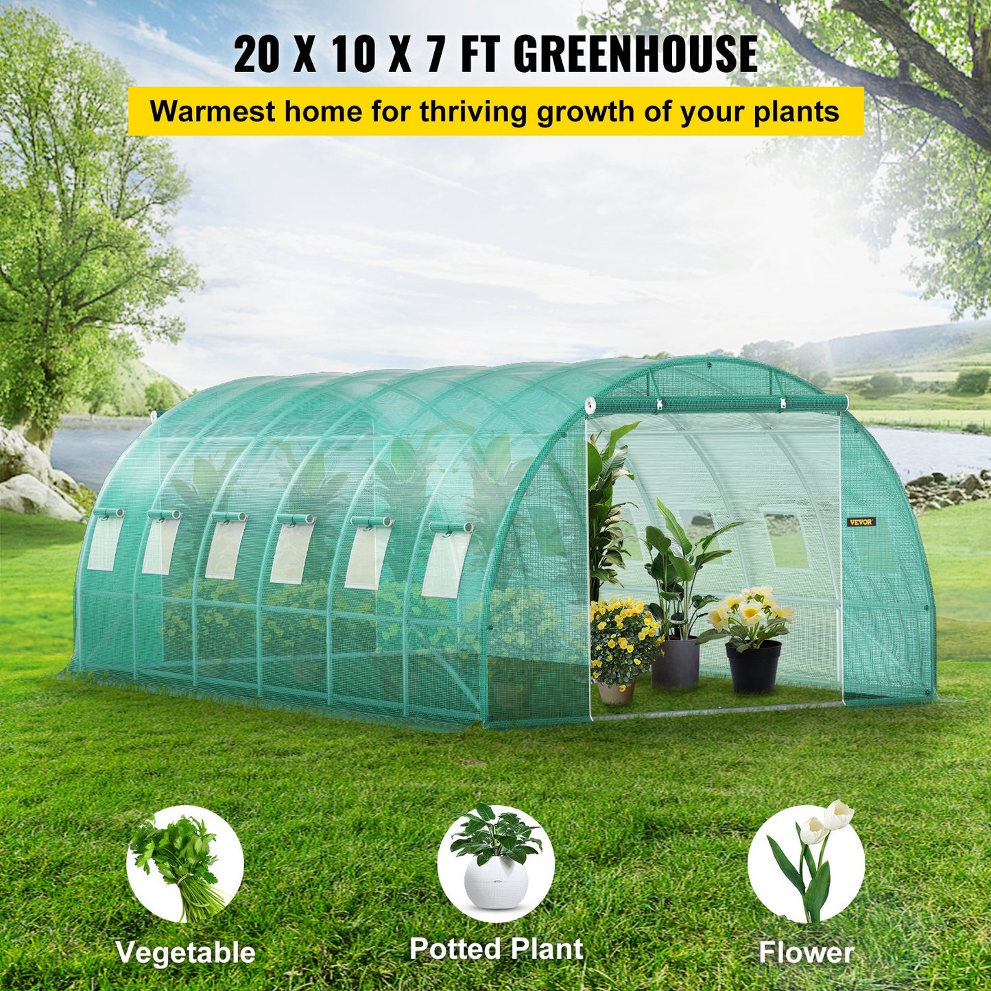 Walk-in Tunnel Greenhouse, 20 x 10 x 7 ft Portable Plant Hot House with Galvanized Steel Frames, 3 Top Beams, 4 Diagonal Posts, 2 Zippered Doors and 12 Roll-Up Windows, Green