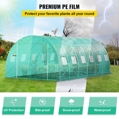 Walk-in Tunnel Greenhouse, 20 x 10 x 7 ft Portable Plant Hot House with Galvanized Steel Frames, 3 Top Beams, 4 Diagonal Posts, 2 Zippered Doors and 12 Roll-Up Windows, Green