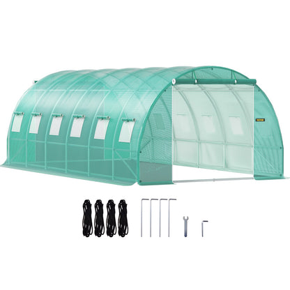 Walk-in Tunnel Greenhouse, 20 x 10 x 7 ft Portable Plant Hot House with Galvanized Steel Frames, 3 Top Beams, 4 Diagonal Posts, 2 Zippered Doors and 12 Roll-Up Windows, Green