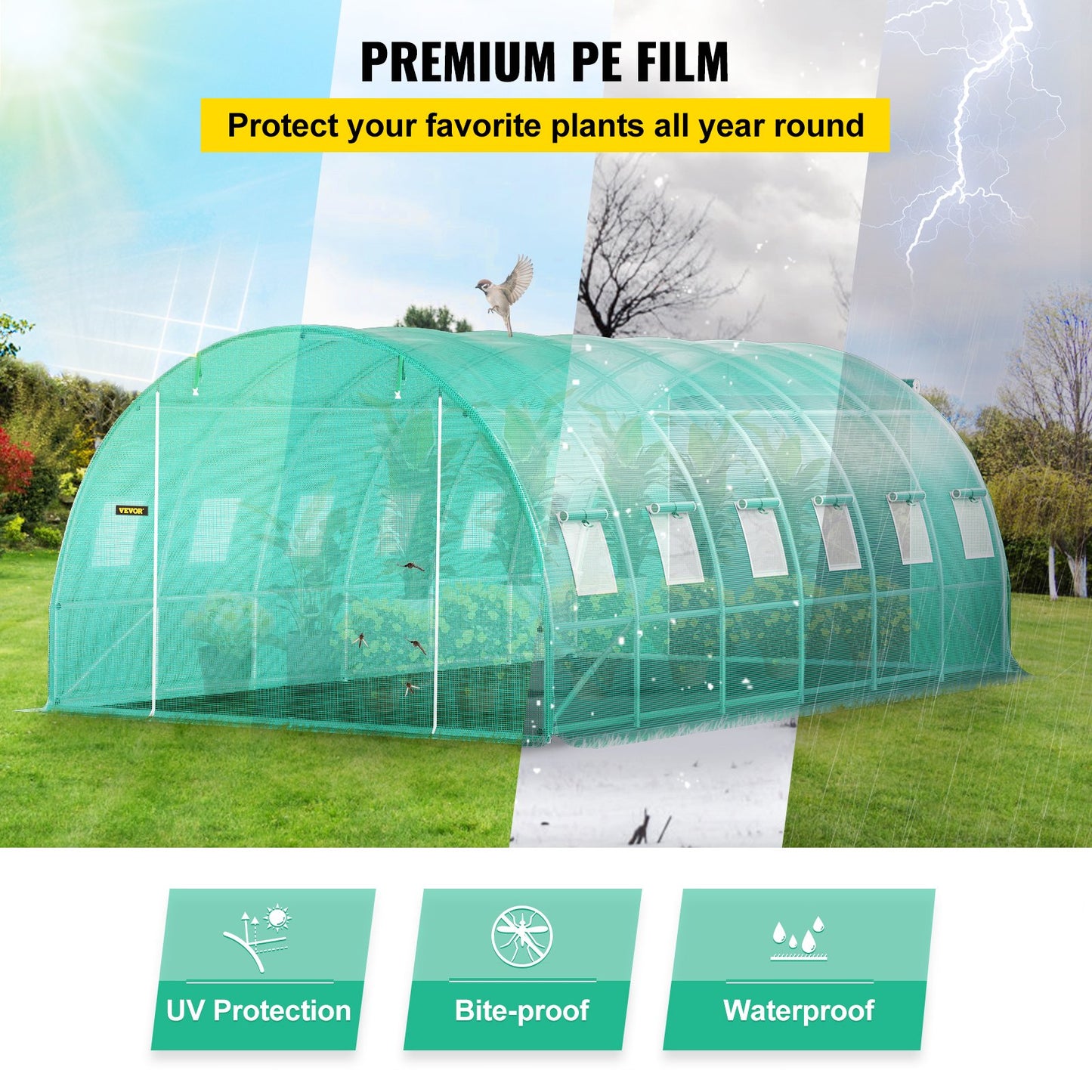 Walk-in Tunnel Greenhouse, 20 x 10 x 7 ft Portable Plant Hot House with Galvanized Steel Hoops, 3 Top Beams, Diagonal Poles, 2 Zippered Doors & 12 Roll-up Windows, Green