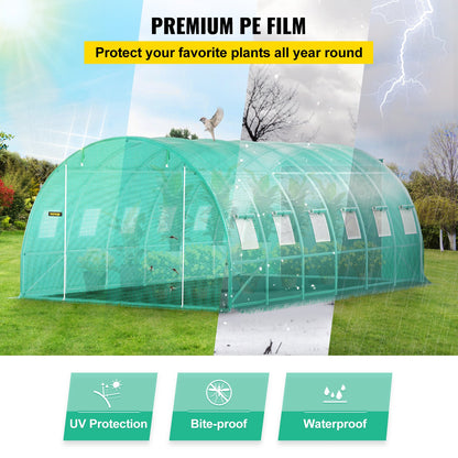 Walk-in Tunnel Greenhouse, 20 x 10 x 7 ft Portable Plant Hot House with Galvanized Steel Hoops, 3 Top Beams, Diagonal Poles, 2 Zippered Doors & 12 Roll-up Windows, Green