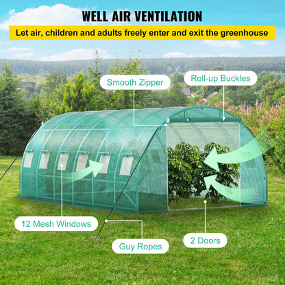 Walk-in Tunnel Greenhouse, 20 x 10 x 7 ft Portable Plant Hot House with Galvanized Steel Hoops, 3 Top Beams, Diagonal Poles, 2 Zippered Doors & 12 Roll-up Windows, Green
