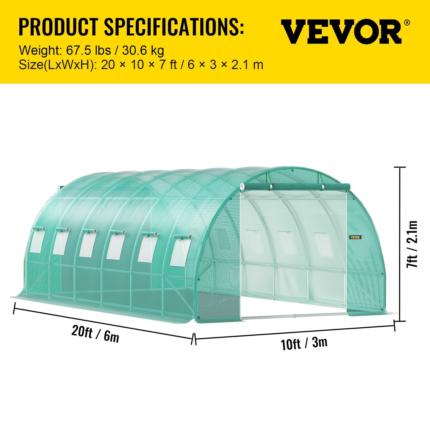 Walk-in Tunnel Greenhouse, 20 x 10 x 7 ft Portable Plant Hot House with Galvanized Steel Hoops, 3 Top Beams, Diagonal Poles, 2 Zippered Doors & 12 Roll-up Windows, Green