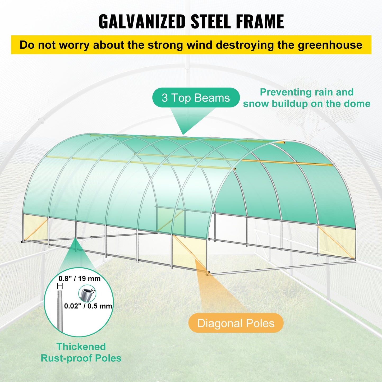 20 x 10 x 7 ft Walk-in Tunnel Greenhouse, Portable Plant Hot House with Galvanized Steel Hoops, 3 Top Beams, Diagonal Poles, 2 Zippered Doors & 12 Roll-up Windows, White