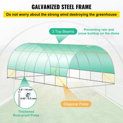 20 x 10 x 7 ft Walk-in Tunnel Greenhouse, Portable Plant Hot House with Galvanized Steel Hoops, 3 Top Beams, Diagonal Poles, 2 Zippered Doors & 12 Roll-up Windows, White