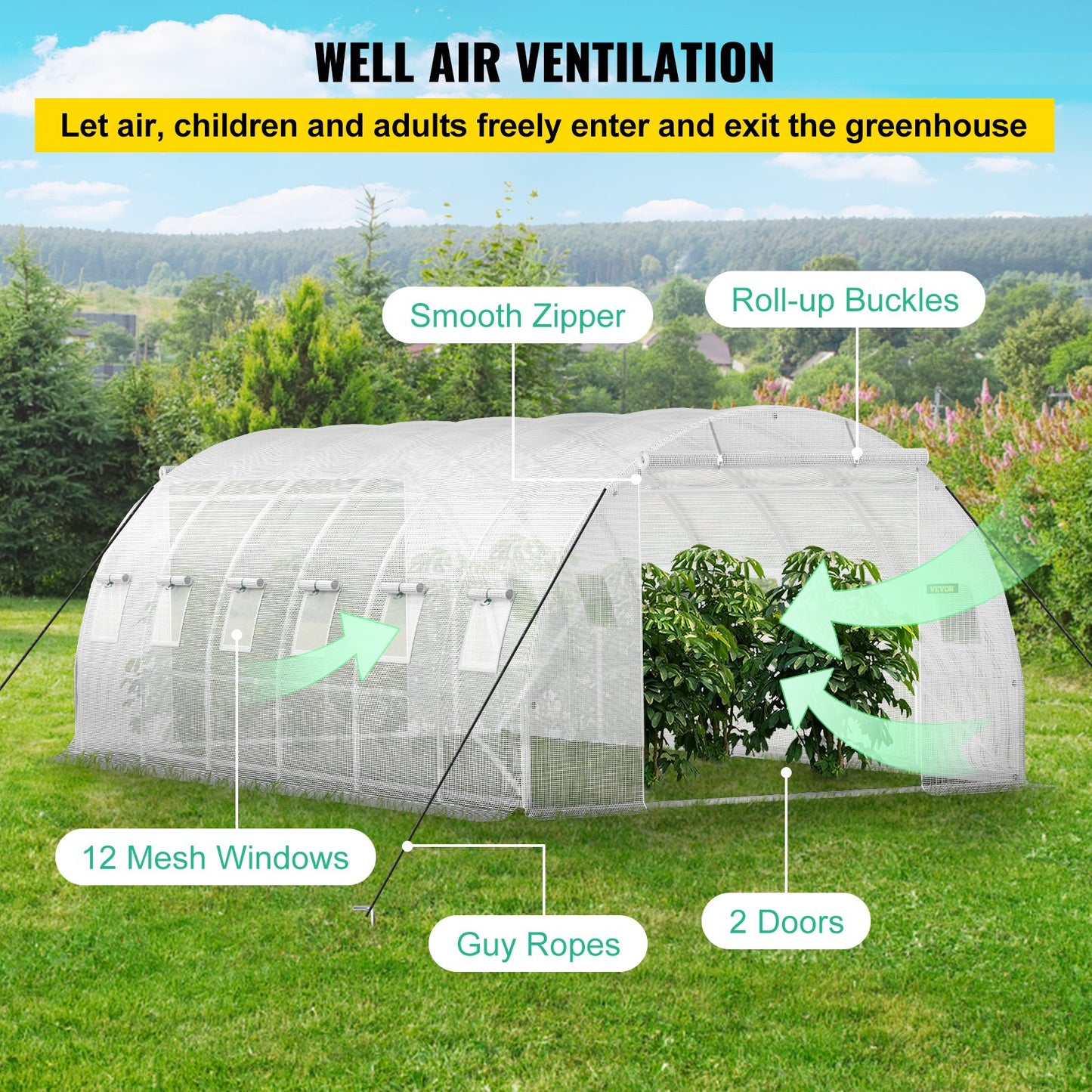 20 x 10 x 7 ft Walk-in Tunnel Greenhouse, Portable Plant Hot House with Galvanized Steel Hoops, 3 Top Beams, Diagonal Poles, 2 Zippered Doors & 12 Roll-up Windows, White