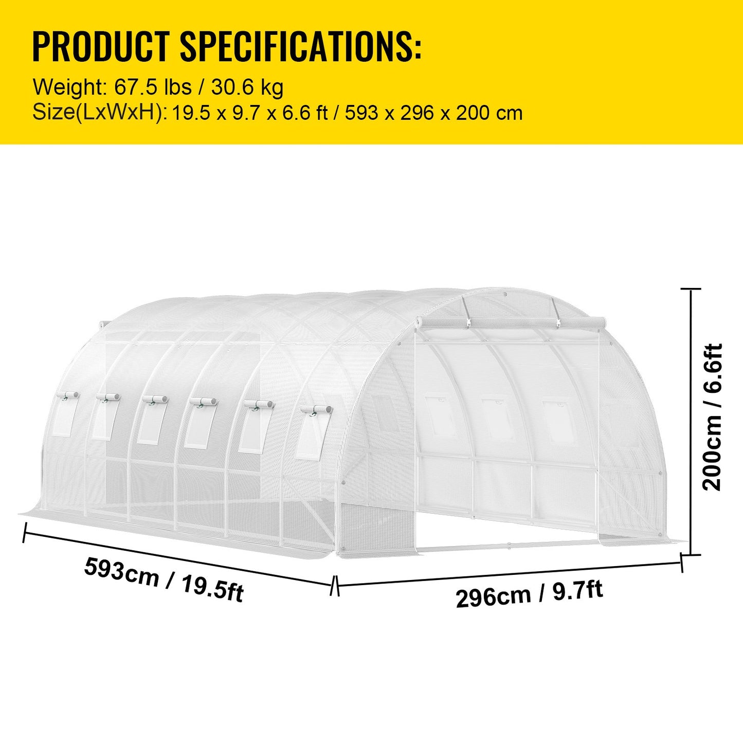 20 x 10 x 7 ft Walk-in Tunnel Greenhouse, Portable Plant Hot House with Galvanized Steel Hoops, 3 Top Beams, Diagonal Poles, 2 Zippered Doors & 12 Roll-up Windows, White